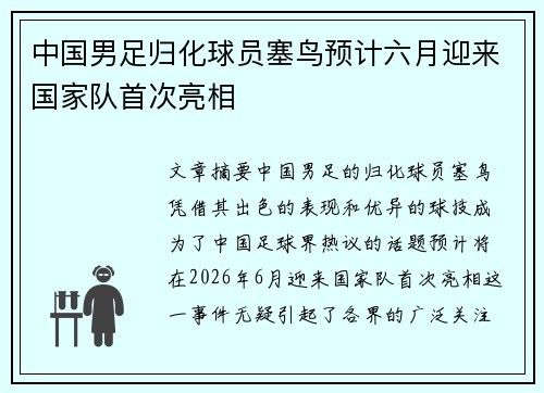 中国男足归化球员塞鸟预计六月迎来国家队首次亮相